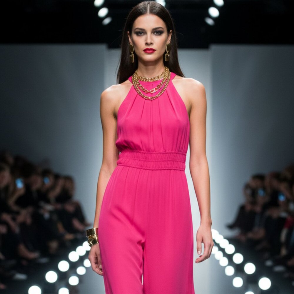 Dynamic Vince Camuto Elegant Modern Pink Halter Neck Wide Leg Jumpsuit NWT - Picture 3 of 13